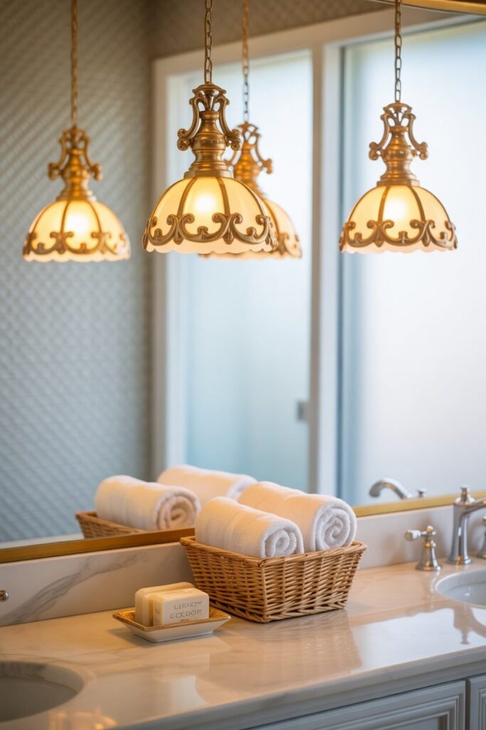 white and golden bathroom 4 Golden light fixtures bathroom