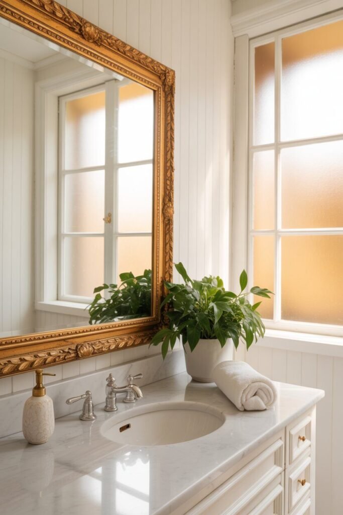white and golden bathroom 6 Golden framed bathroom mirror