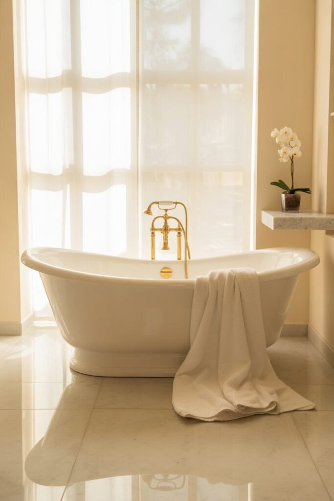white and golden bathroom 7 White bathtub with golden fixtures