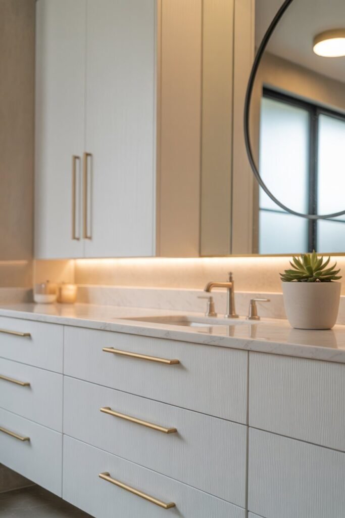 white and golden bathroom 8 Golden handles white bathroom cabinets