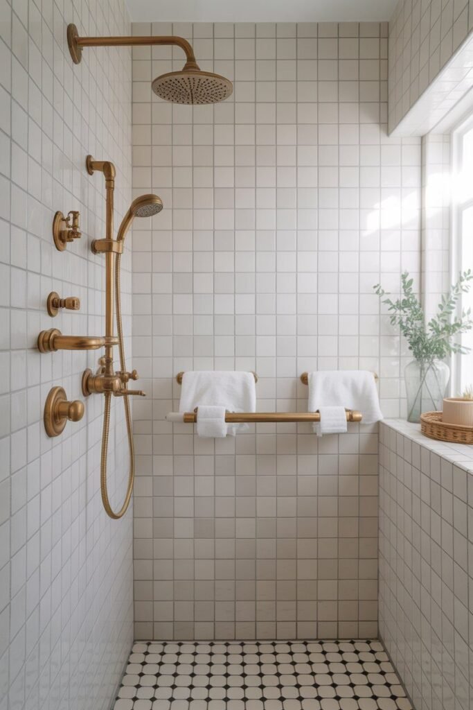 white and golden bathroom 10 Golden shower fixtures bathroom