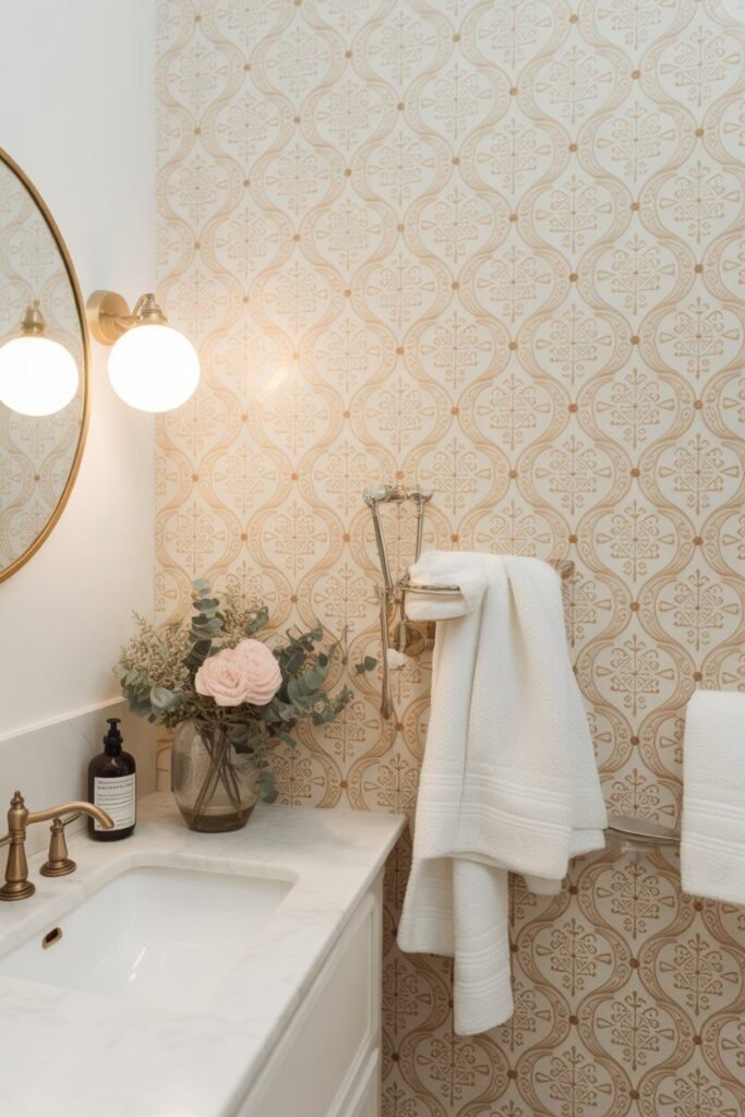 white and golden bathroom 11 White wall with golden wallpaper
