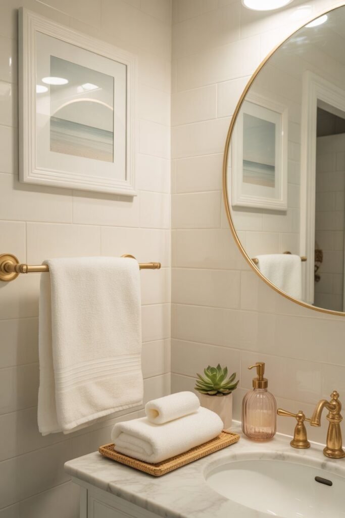 white and golden bathroom 12 Golden towel rack in bathroom