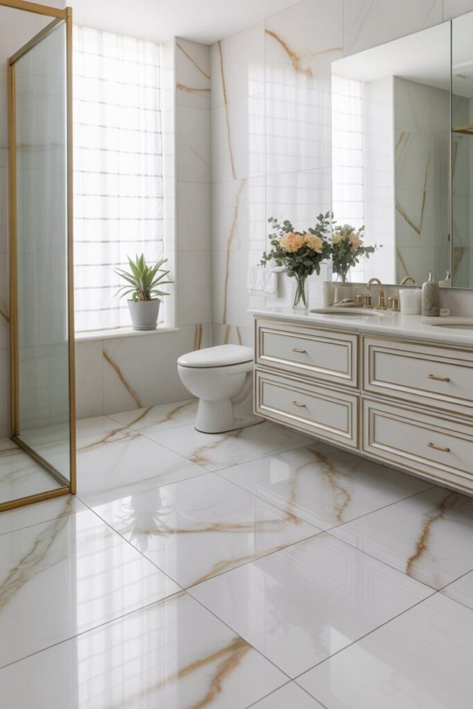white and golden bathroom 13 White flooring with golden highlights