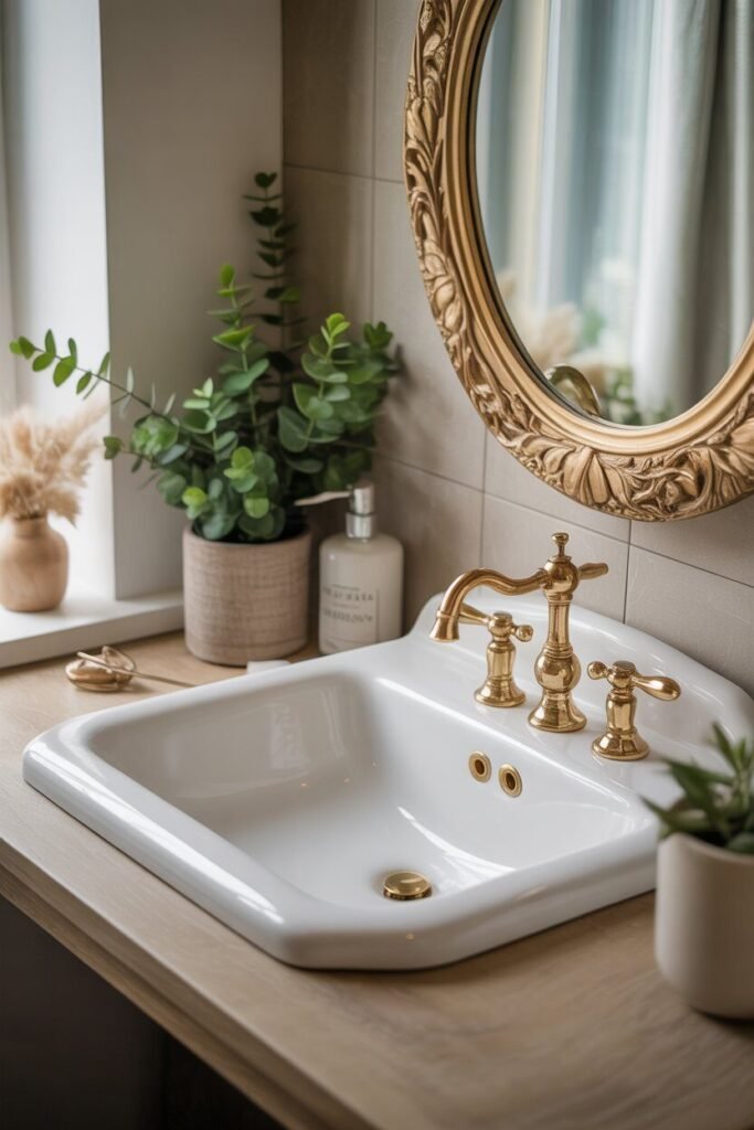 white and golden bathroom 14 White basin with golden faucet