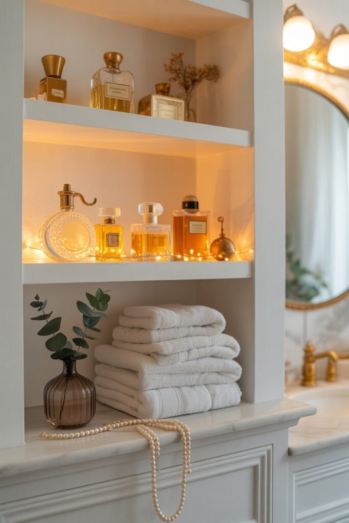 white and golden bathroom 15 White shelves golden decor bathroom