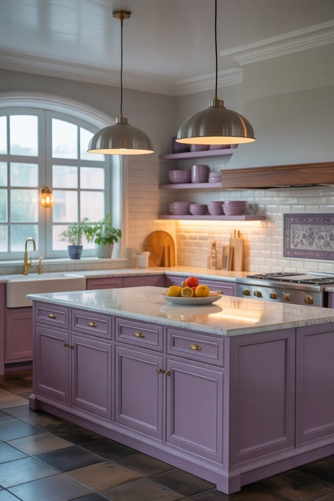 purple kitchen 6 Purple kitchen island with marble top