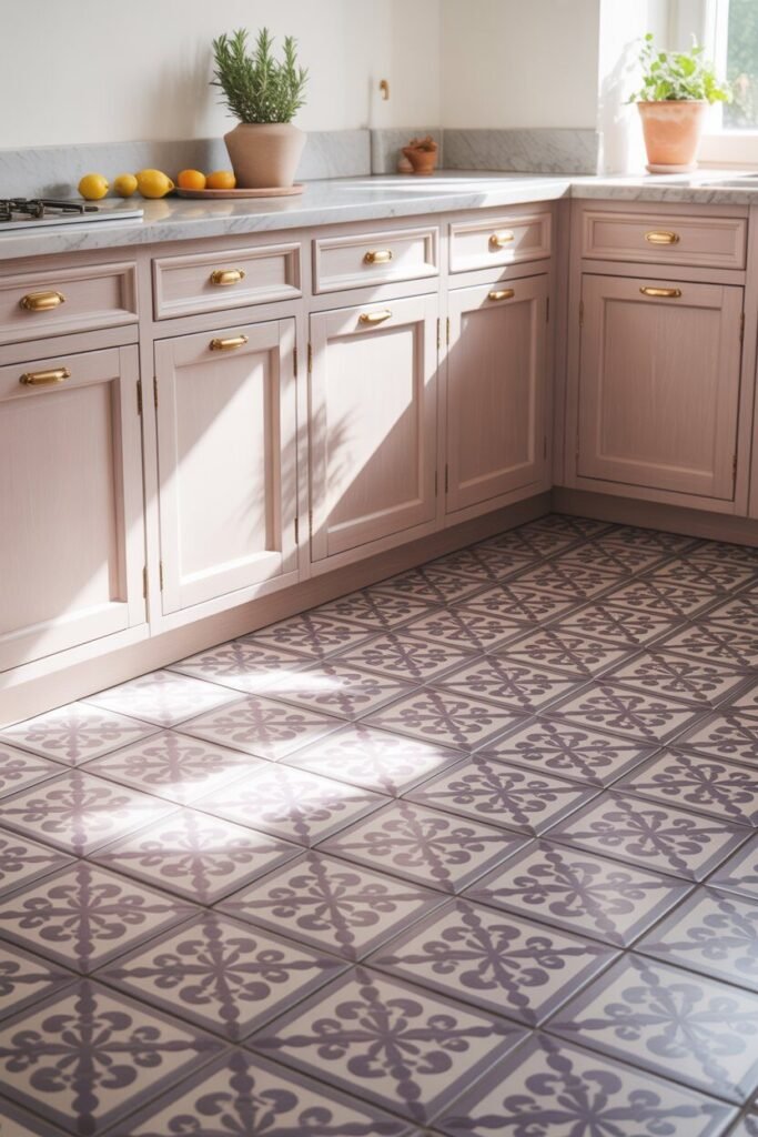 purple kitchen 11 Purple kitchen patterned floor tiles
