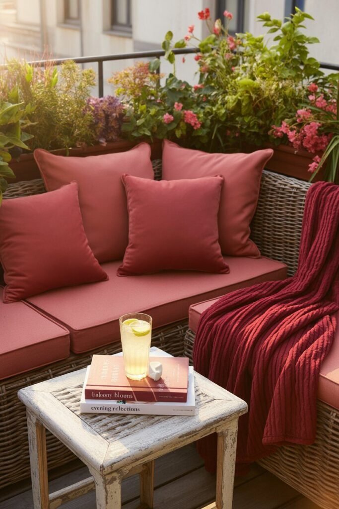 red romantic balcony 5 Red cushions on romantic balcony