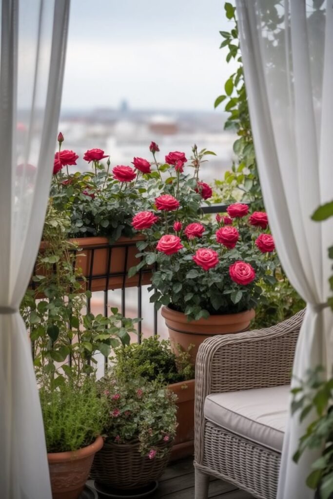 red romantic balcony 9 Red flowers on romantic balcony