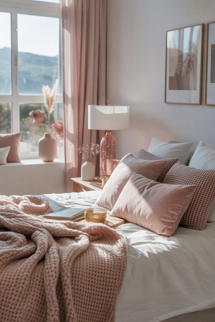 cozy modern bedroom with blush accents 3 Blush pink cozy modern bedroom decor.