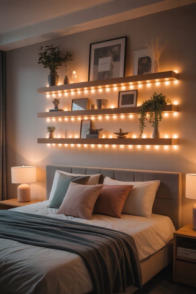 cozy modern bedroom with blush accents 9 Shelving cozy modern bedroom decor.