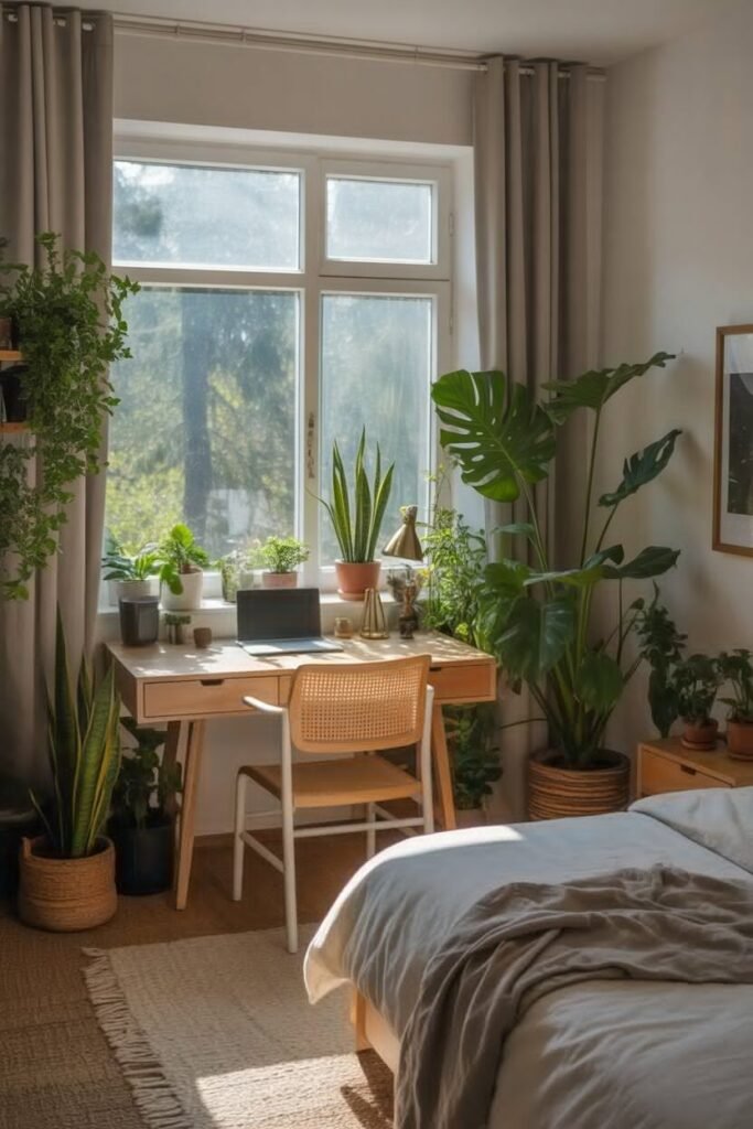 cozy modern bedroom with blush accents 14 Green plants cozy modern bedroom decor.