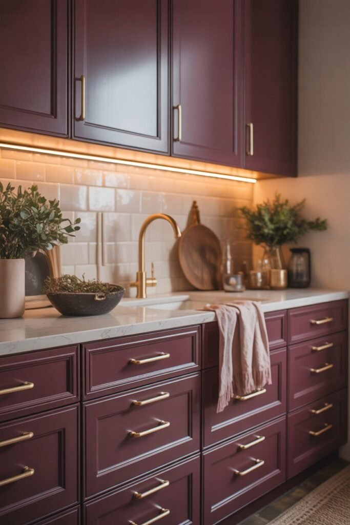 dark purple kitchen and gold accents 4 gold handles dark purple kitchen