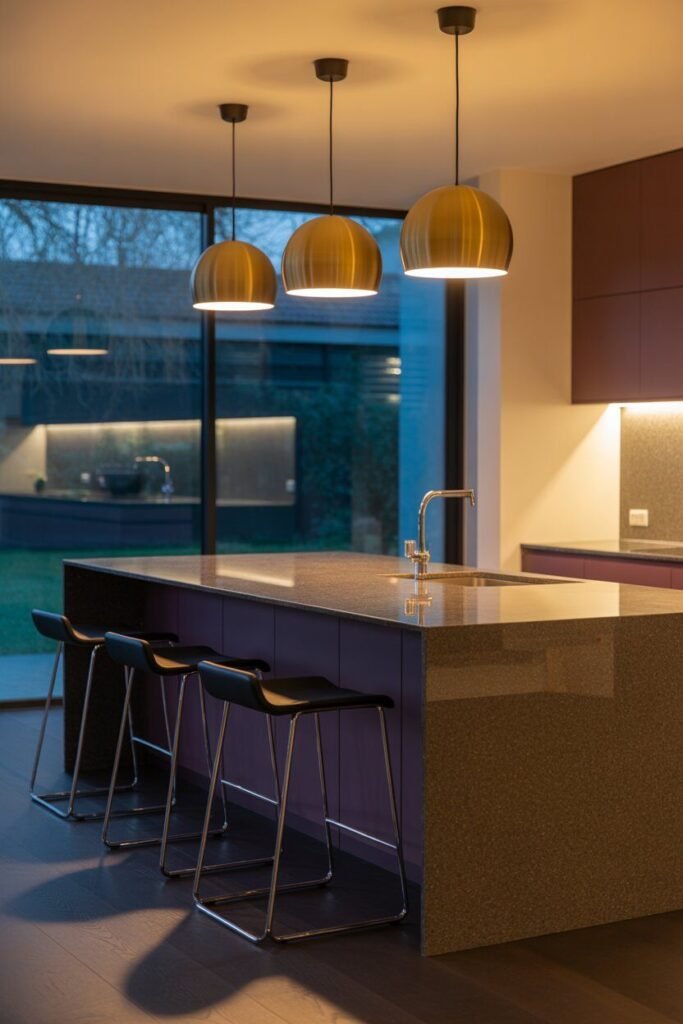 dark purple kitchen and gold accents 5 gold pendant lighting purple kitchen