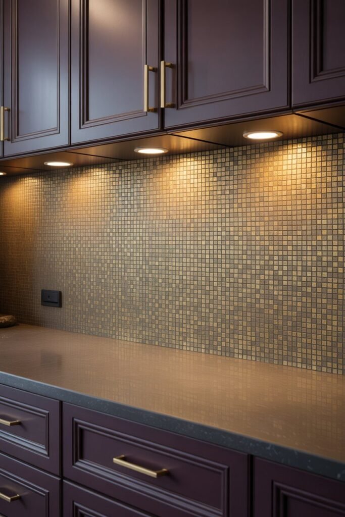 dark purple kitchen and gold accents 7 gold tile backsplash purple kitchen