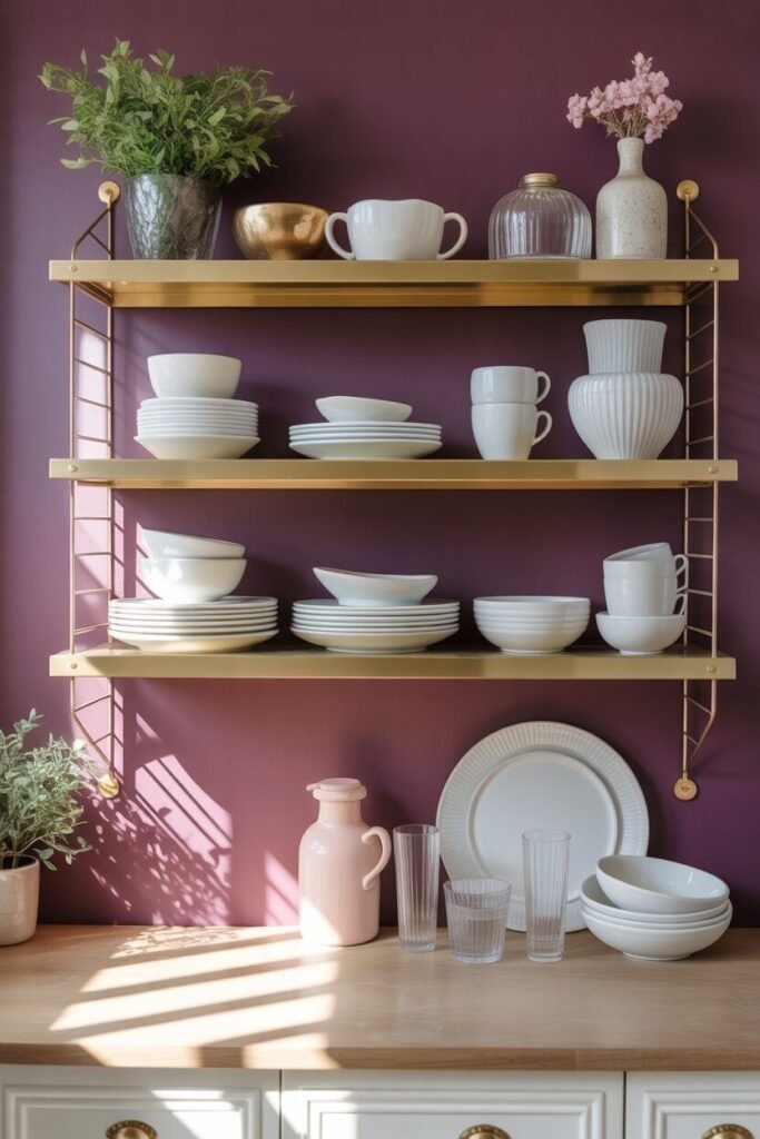 dark purple kitchen and gold accents 10 gold shelving dark purple kitchen
