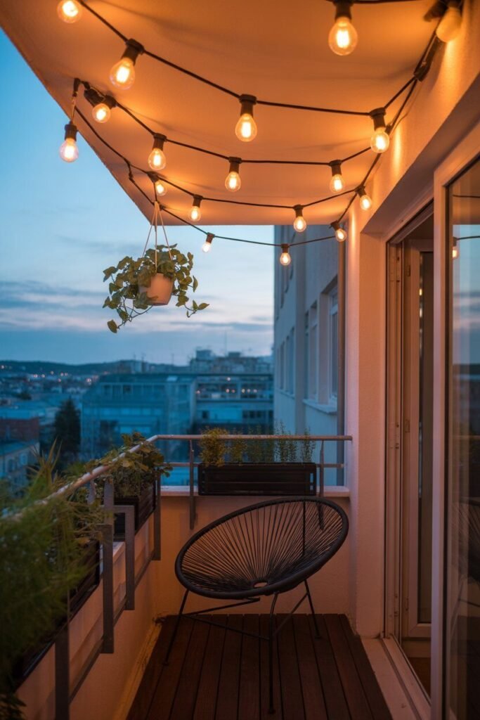modern balcony garden with wooden deck and exposed ceiling beams 4 Edison bulb lighting modern balcony garden