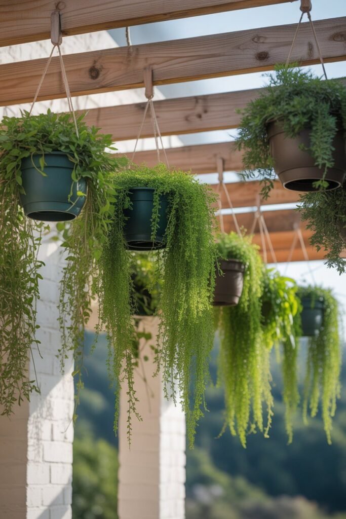 modern balcony garden with wooden deck and exposed ceiling beams 5 hanging green plants balcony garden