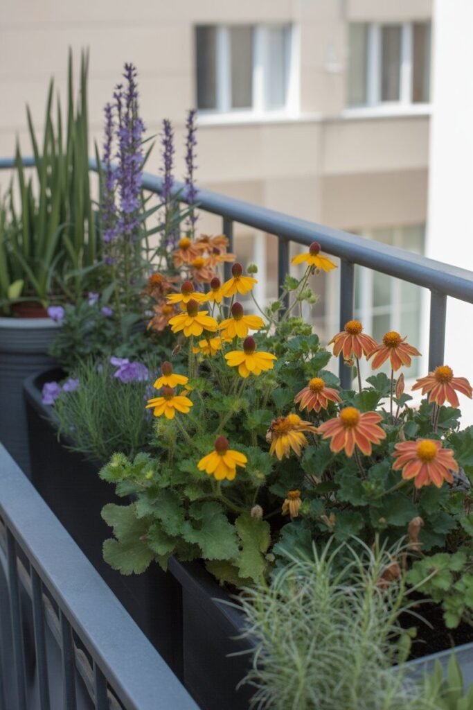 modern balcony garden with wooden deck and exposed ceiling beams 6 colorful flowers in modern balcony garden