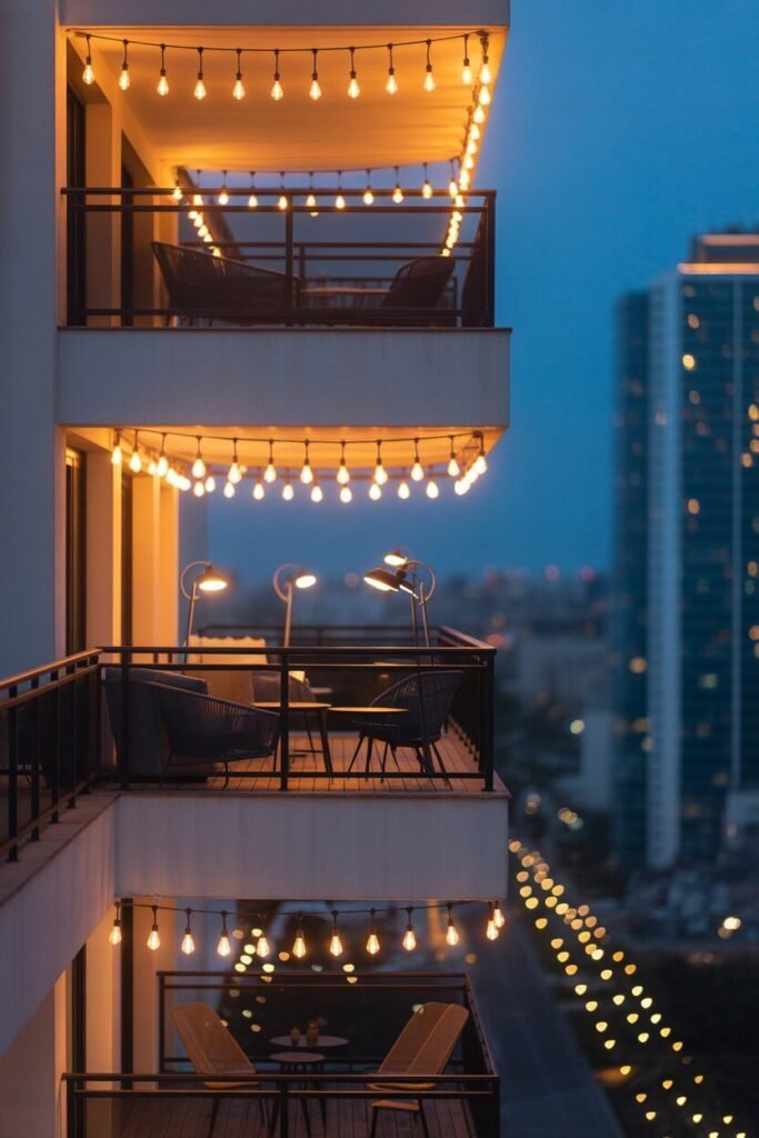 modern balcony garden with wooden deck and exposed ceiling beams 12 layered lighting modern balcony garden