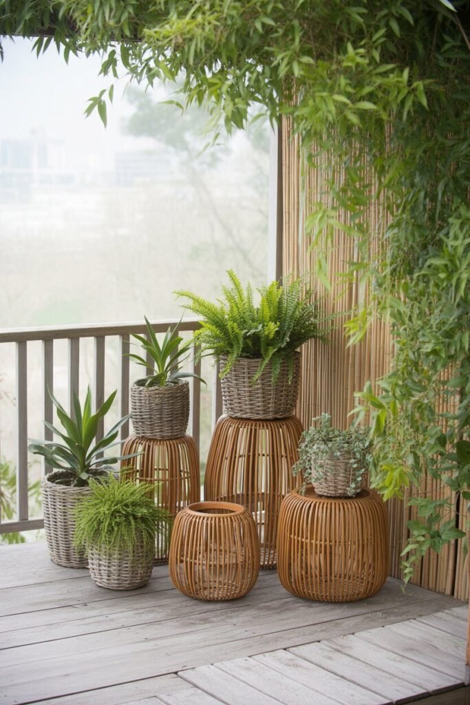 modern balcony garden with wooden deck and exposed ceiling beams 13 natural materials modern balcony garden