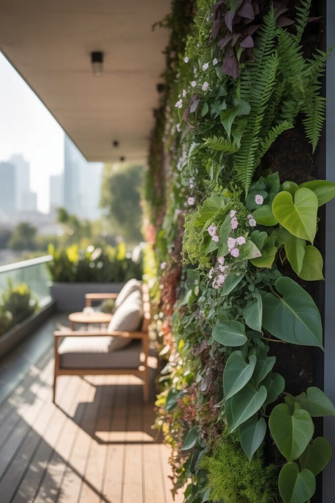 modern balcony garden with wooden deck and exposed ceiling beams 14 green wall modern balcony garden