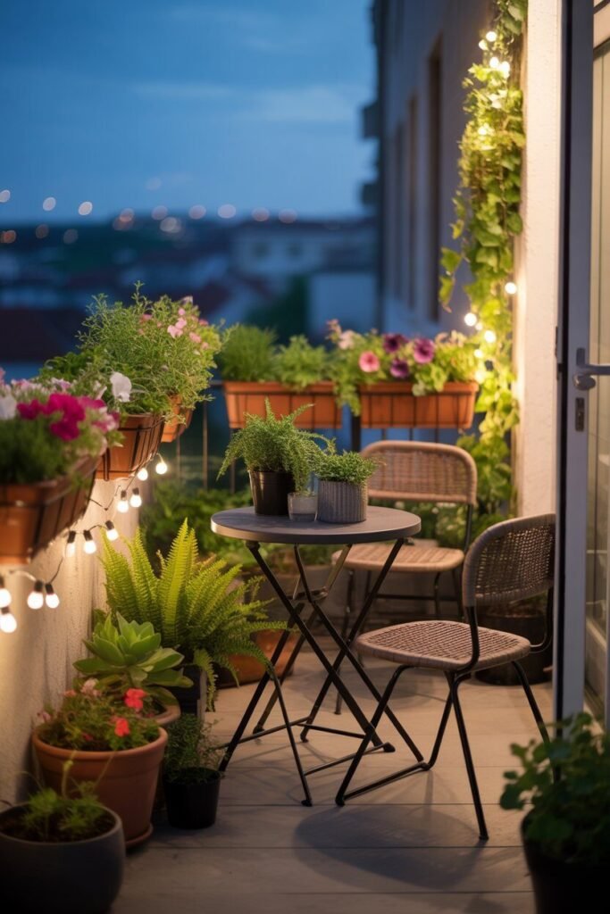 modern balcony garden with wooden deck and exposed ceiling beams 16 cozy modern balcony garden night view