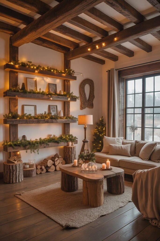 cozy rustic Christmas living room 3 wooden beams in rustic Christmas living room