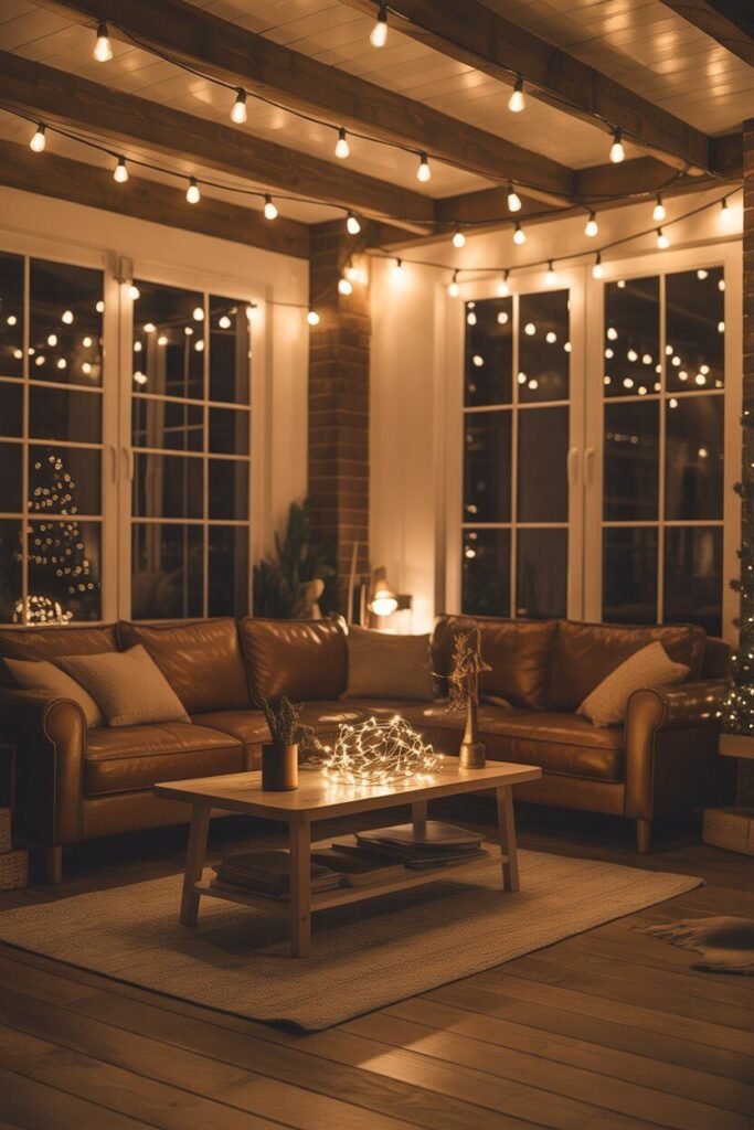 cozy rustic Christmas living room 4 string lights cozy rustic Christmas living room