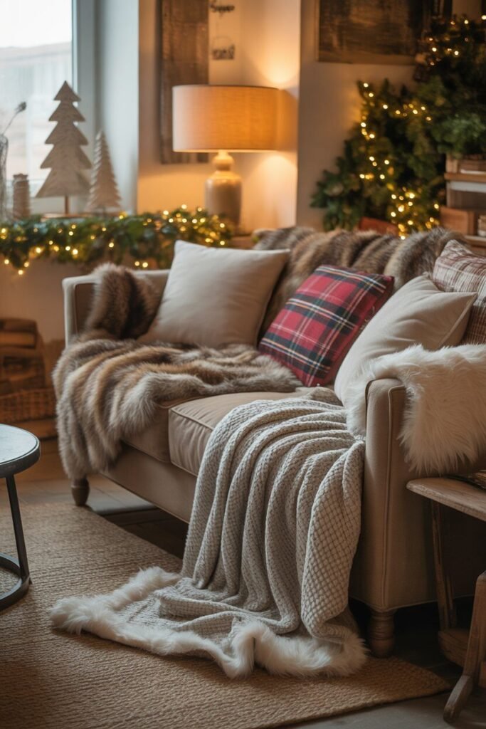 cozy rustic Christmas living room 7 throws and cushions rustic Christmas living room