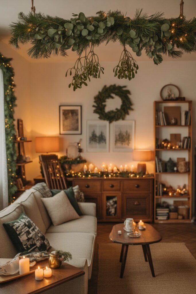 cozy rustic Christmas living room 9 green garlands rustic Christmas living room