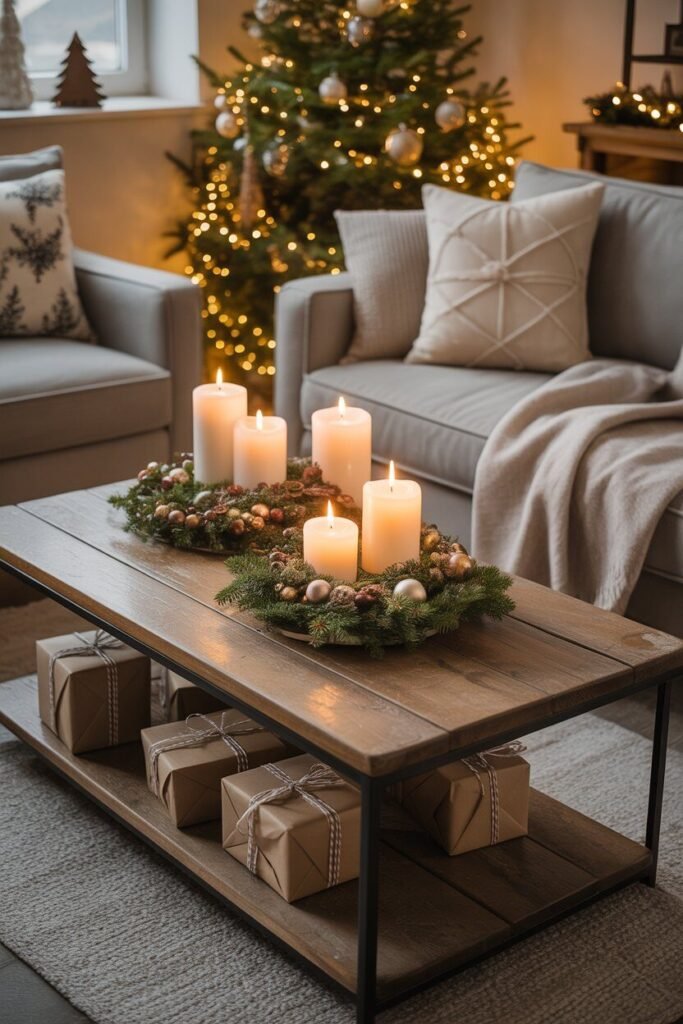 cozy rustic Christmas living room 11 wooden coffee table rustic Christmas decor