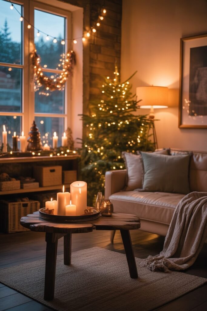 cozy rustic Christmas living room 14 layered lighting rustic Christmas living room