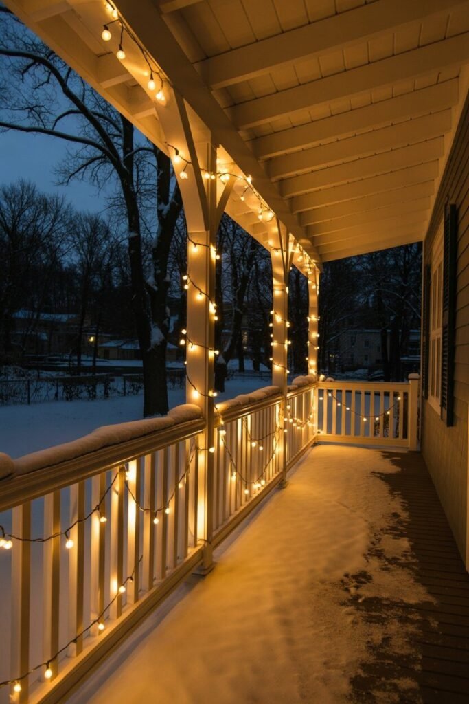 a cozy winter porch beautifully decorated for Christmas 2 Warm fairy lights on cozy winter porch