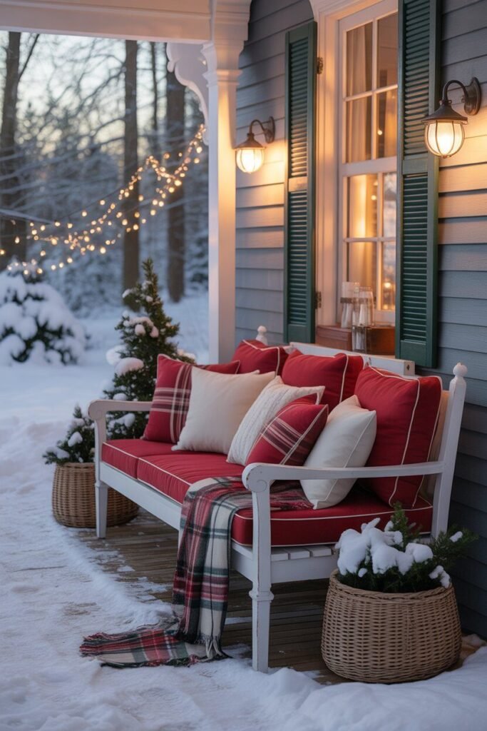 a cozy winter porch beautifully decorated for Christmas 4 Cozy seating on winter porch