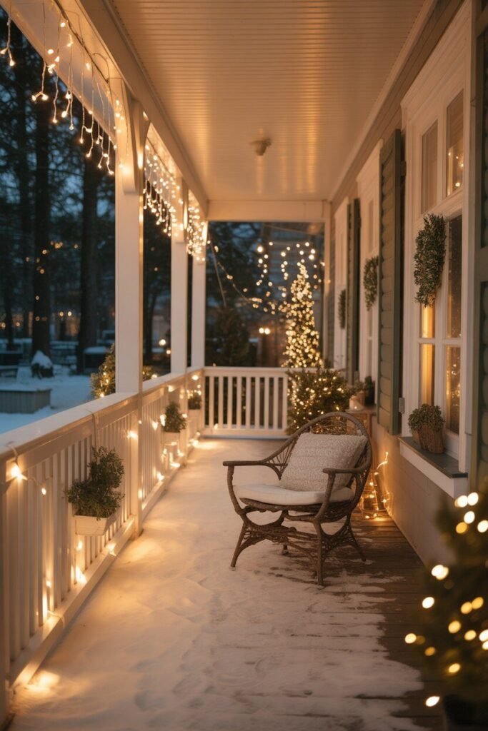 a cozy winter porch beautifully decorated for Christmas 5 Fairy lights on winter porch