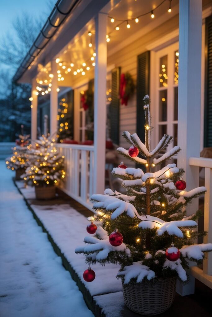 a cozy winter porch beautifully decorated for Christmas 6 Snow-covered trees on porch