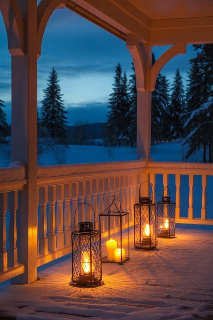 a cozy winter porch beautifully decorated for Christmas 10 Candlelight on cozy winter porch