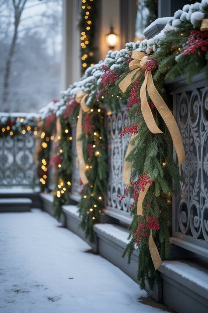 a cozy winter porch beautifully decorated for Christmas 11 Green garlands on winter porch