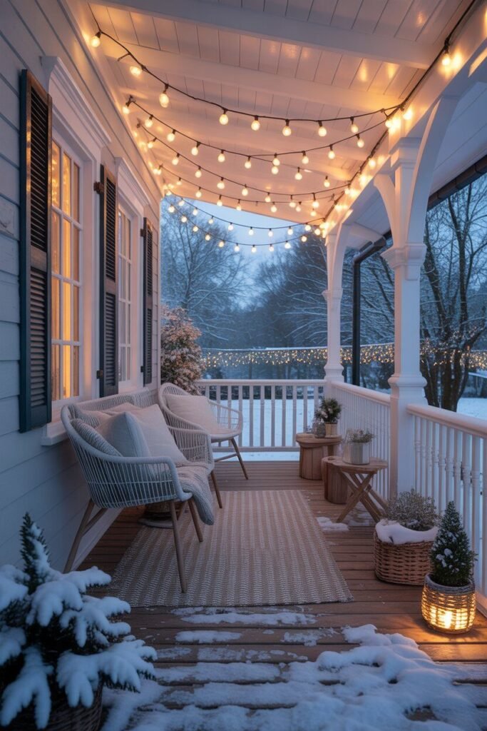 a cozy winter porch beautifully decorated for Christmas 15 Snowy cozy winter porch scene