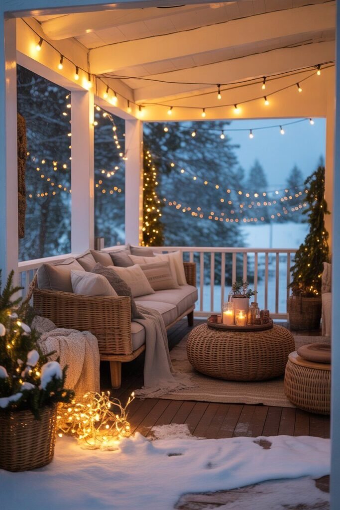 a cozy winter porch beautifully decorated for Christmas 16 Indoor outdoor cozy porch decor