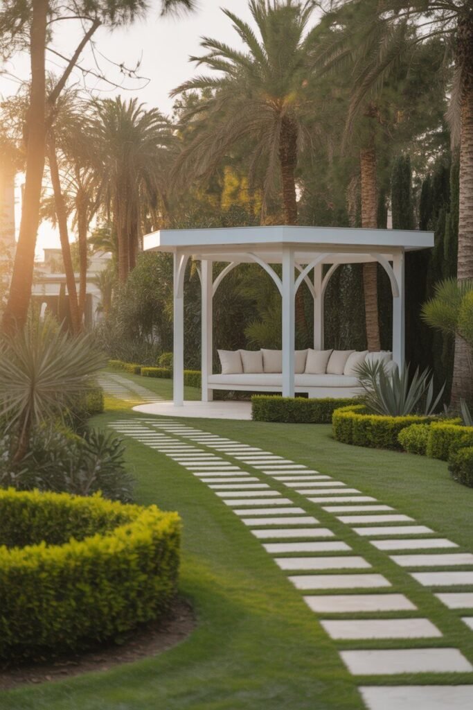 Modern luxury garden pathway with white gazebo 2 modern luxury garden pathway with white gazebo