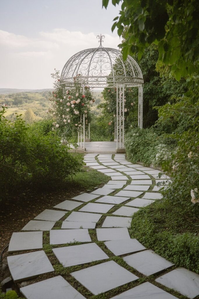 Modern luxury garden pathway with white gazebo 3 pathway materials modern luxury garden