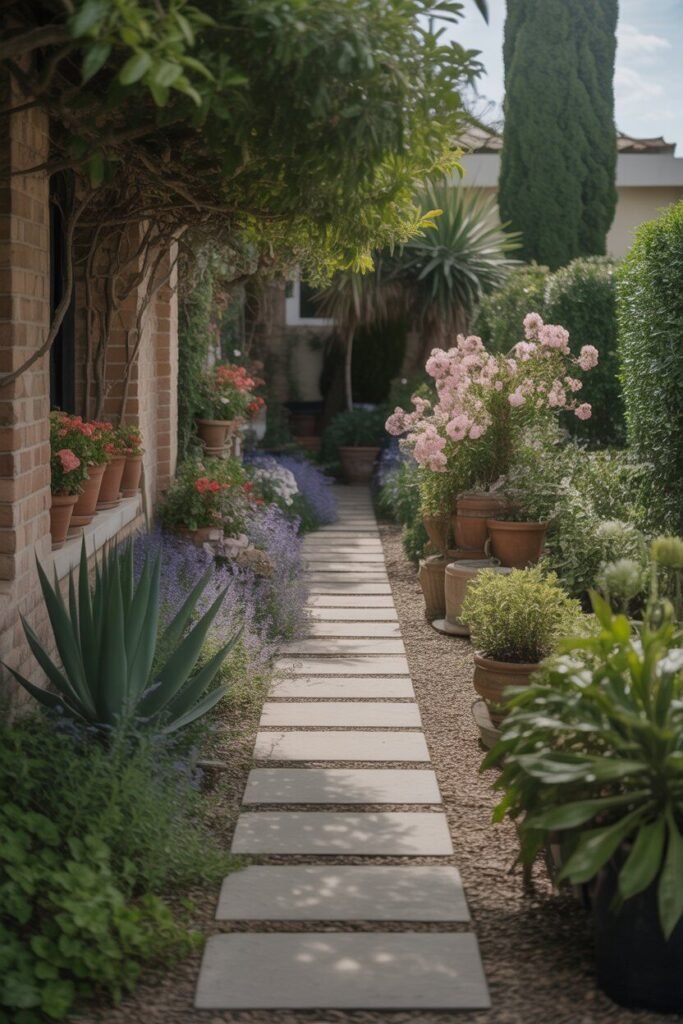 Modern luxury garden pathway with white gazebo 4 greenery along modern garden pathway