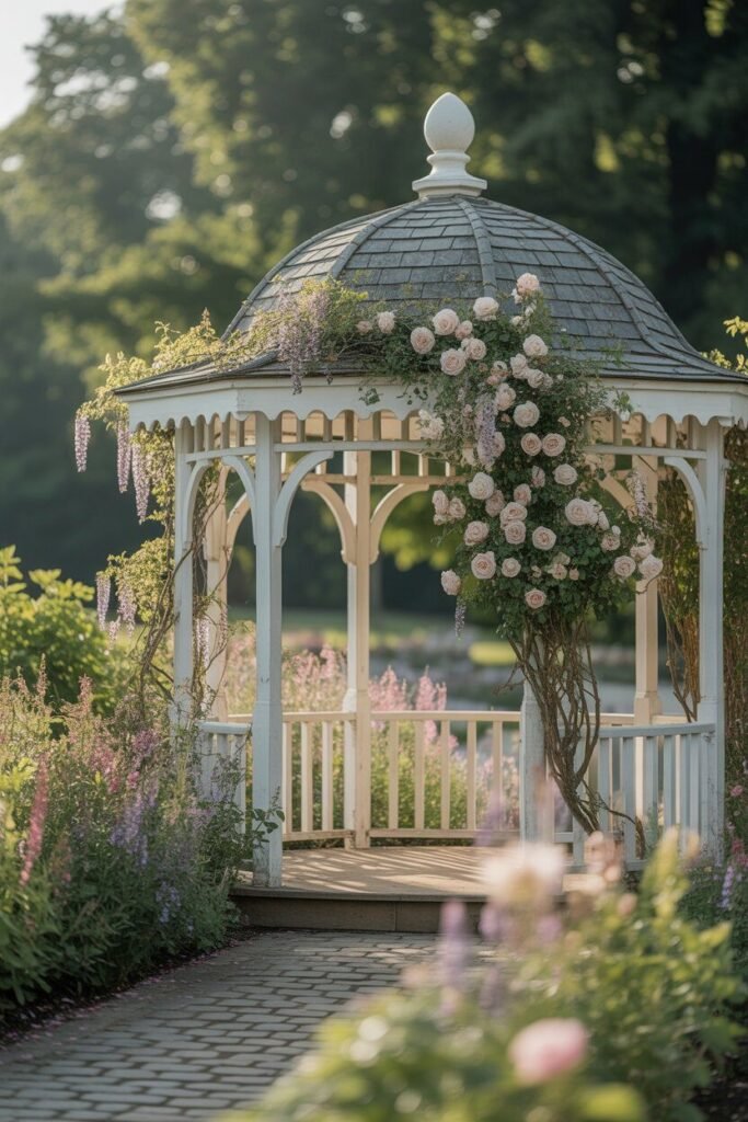 Modern luxury garden pathway with white gazebo 5 elegant white gazebo in garden