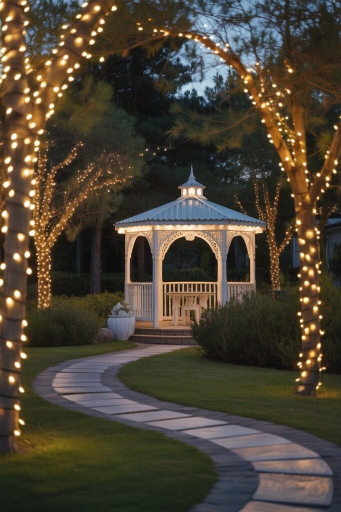 Modern luxury garden pathway with white gazebo 6 evening lighting garden pathway gazebo