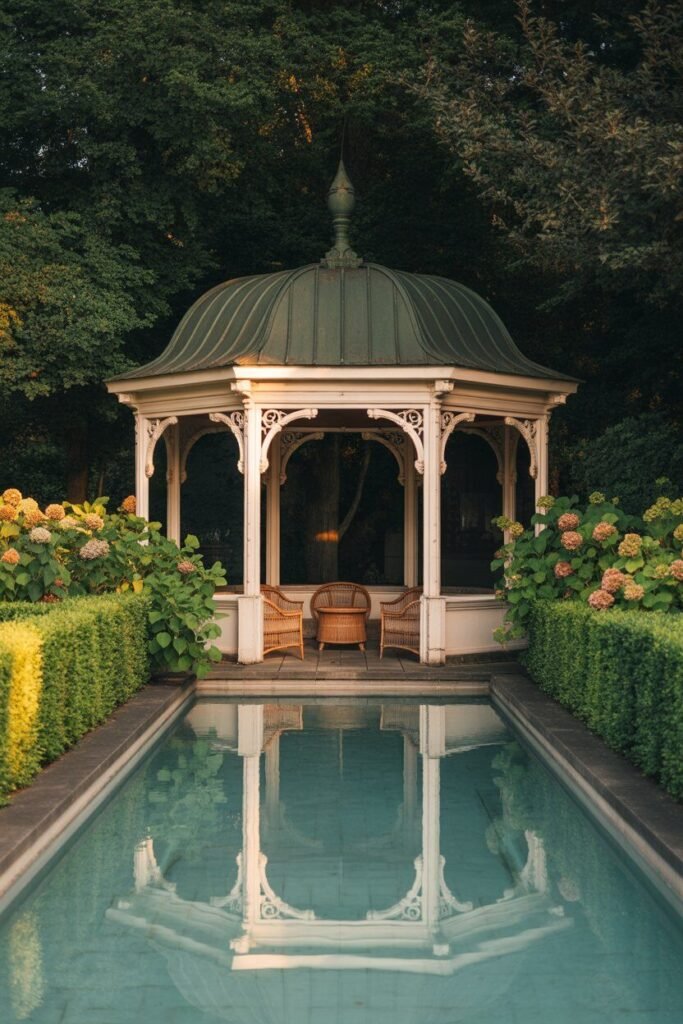 Modern luxury garden pathway with white gazebo 7 water feature near white gazebo