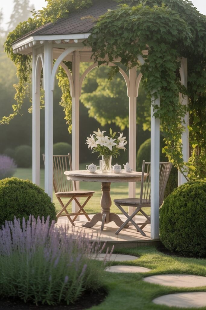 Modern luxury garden pathway with white gazebo 10 neutral tones luxury garden gazebo