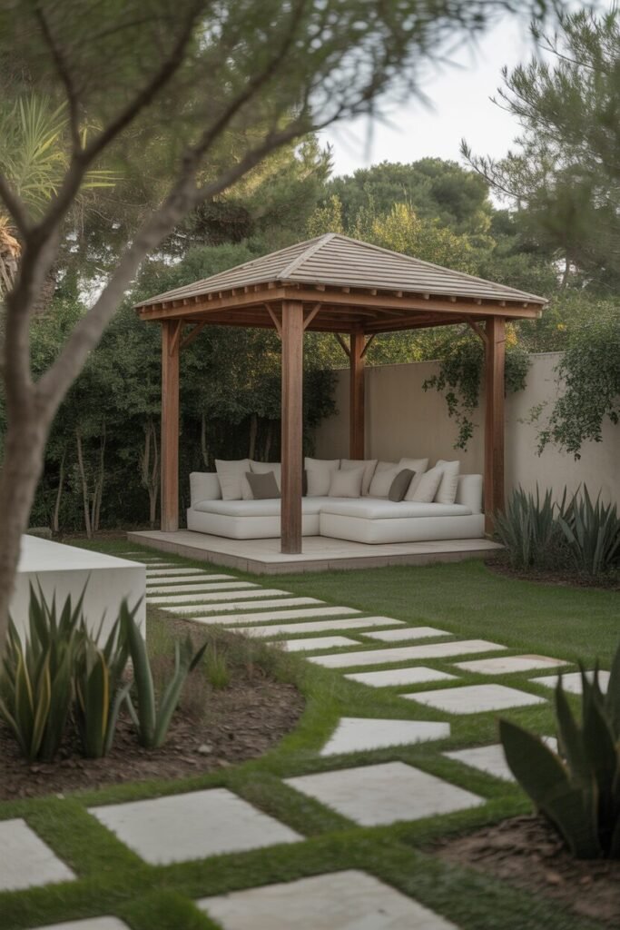 Modern luxury garden pathway with white gazebo 15 natural modern luxury garden design